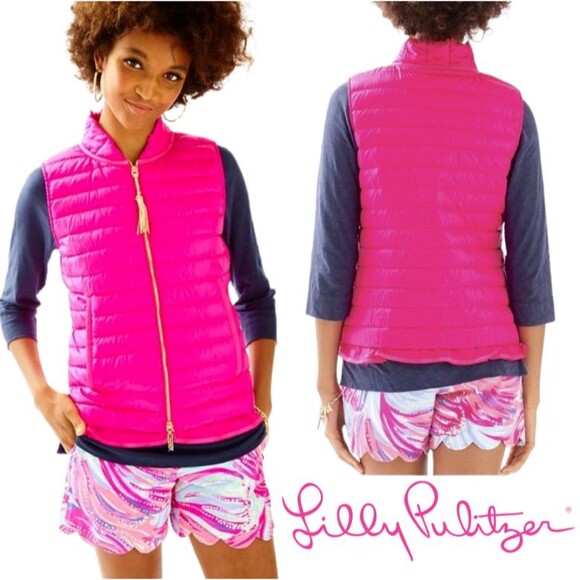 Lilly Pulitzer Cora Down Puffer Vest Womens Size S Pink Ruffle Tassel Zip Pull - Picture 1 of 14